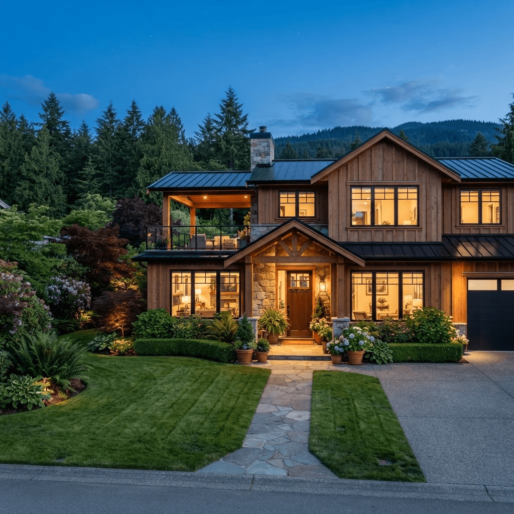 A beautiful, cozy cedar-clad West Coast home with warm-lit windows in the evening