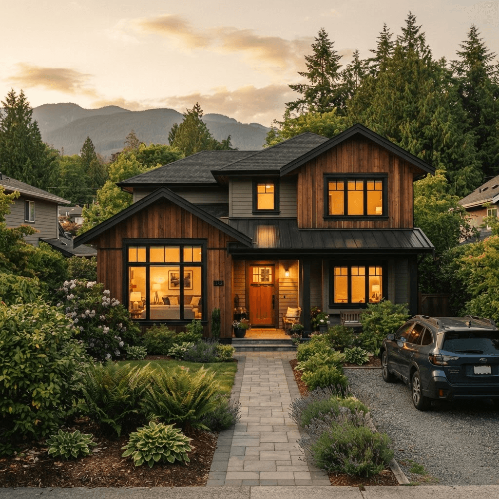 A warm, contemporary West Coast family home glowing at golden hour, framed by evergreens with a coastal mountain in the distance